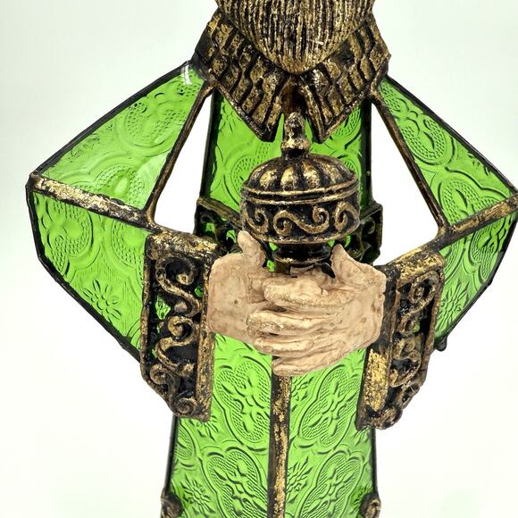 Vtg Wise Men Gold Metal Tin Green Textured Glass Candle Holder/Luminary 15”H - Picture 4 of 11